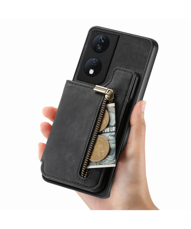 Retro Zip - Coque Honor 90 Smart avec Porte-Cartes et Fermeture Éclair
