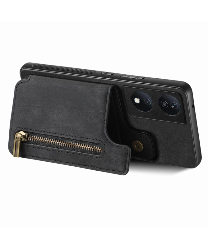 Retro Zip - Coque Honor 90 Smart avec Porte-Cartes et Fermeture Éclair