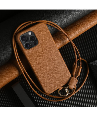 Coque iPhone 14 Pro en cuir véritable avec cordon