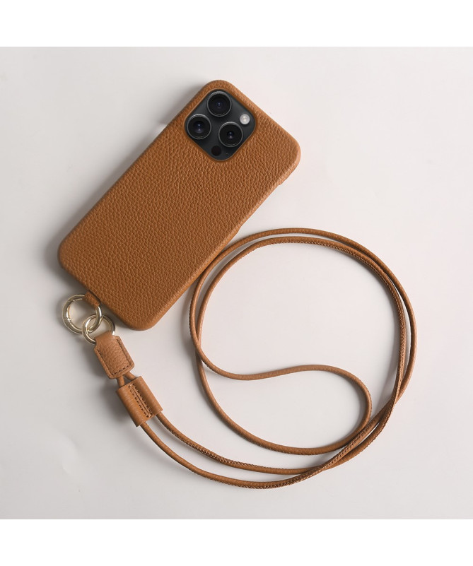 Coque iPhone 15 Pro en cuir véritable avec cordon