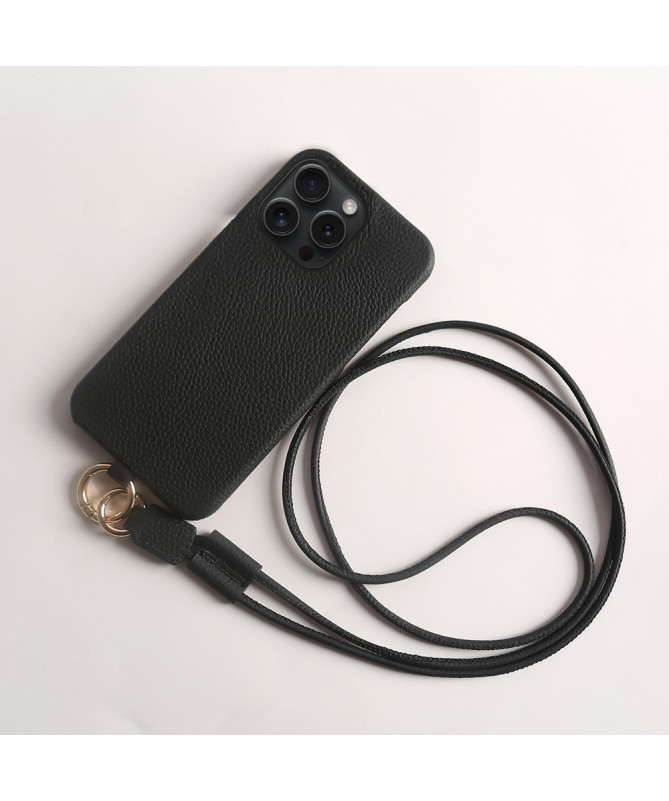 Coque iPhone 15 Pro en cuir véritable avec cordon