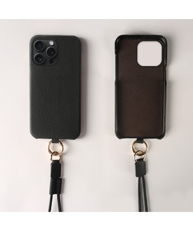 Coque iPhone 15 Pro en cuir véritable avec cordon