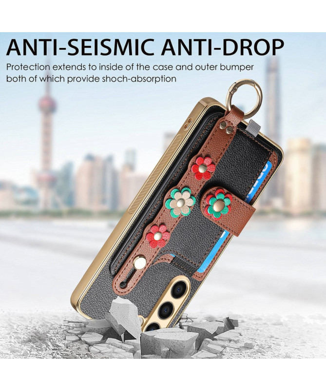 Coque Samsung Galaxy S23 Plus Simili Cuir avec Fleurs 3D