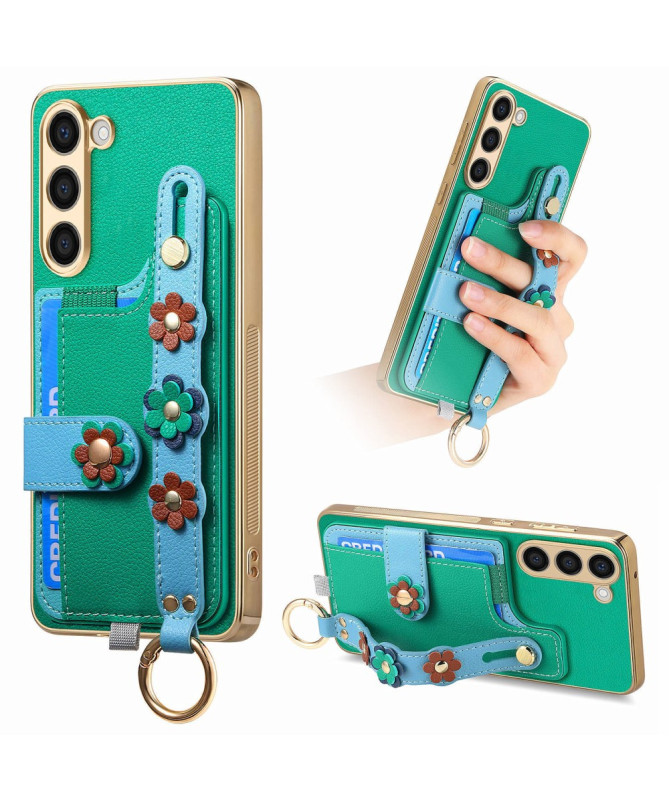 Coque Samsung Galaxy S23 Plus Simili Cuir avec Fleurs 3D