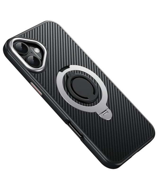 Coque iPhone 16 Texture Fibre de Carbone et Support Rotatif