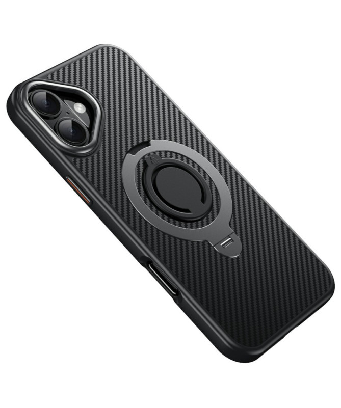 Coque iPhone 16 Texture Fibre de Carbone et Support Rotatif