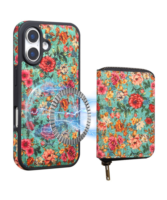 Coque iPhone 16 Plus Bleu avec Portefeuille Détachable & Motif Floral