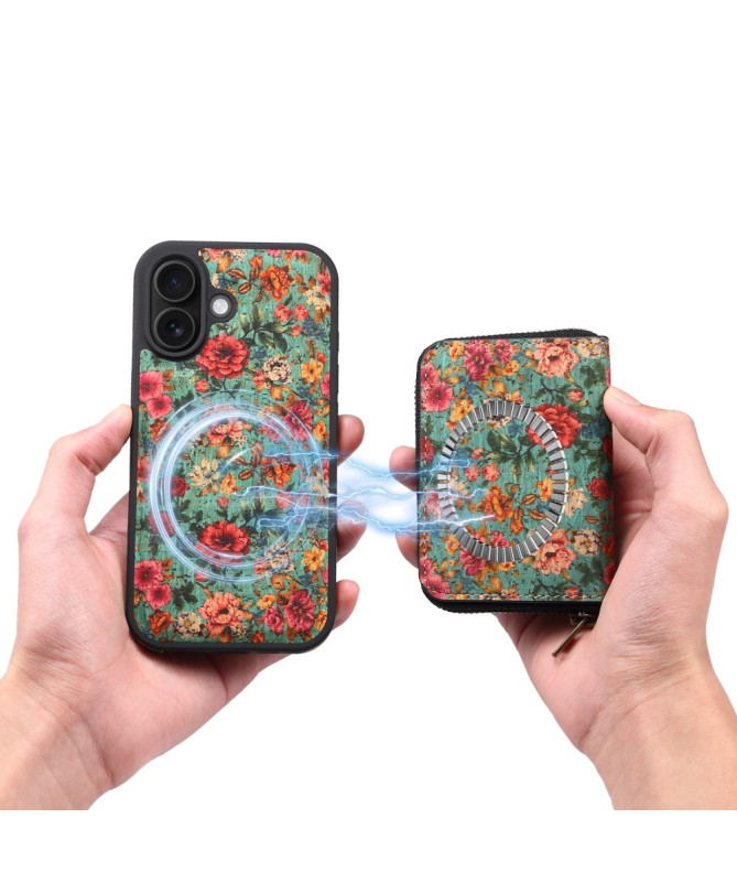 Coque iPhone 16 Plus Bleu avec Portefeuille Détachable & Motif Floral