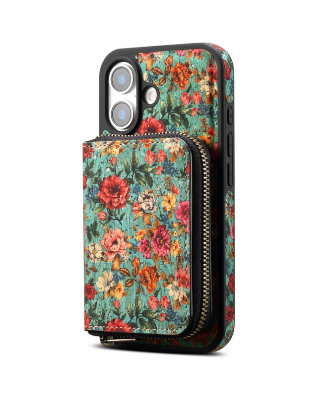 Coque iPhone 16 Plus Bleu avec Portefeuille Détachable & Motif Floral