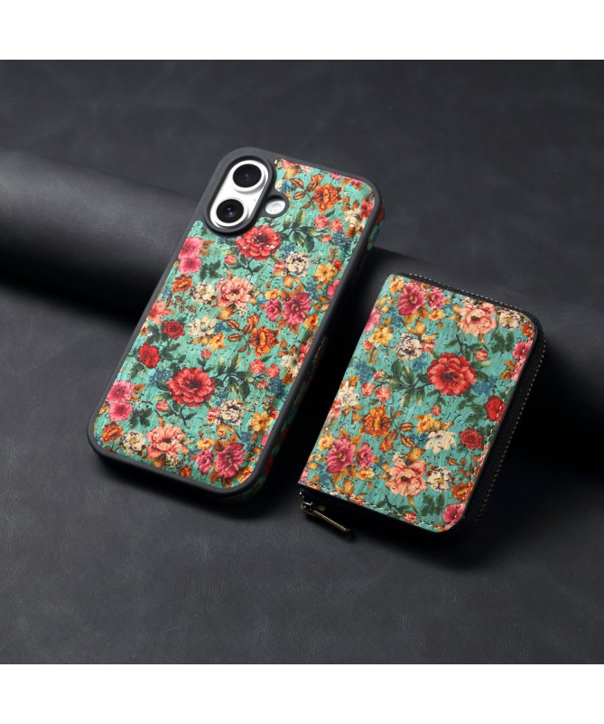 Coque iPhone 16 Plus Bleu avec Portefeuille Détachable & Motif Floral