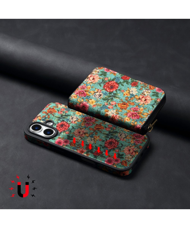 Coque iPhone 16 Plus Bleu avec Portefeuille Détachable & Motif Floral