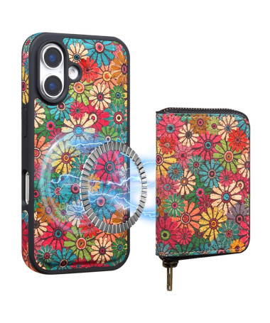 Coque iPhone 16 Plus avec Portefeuille Magnétique - Motif Floral